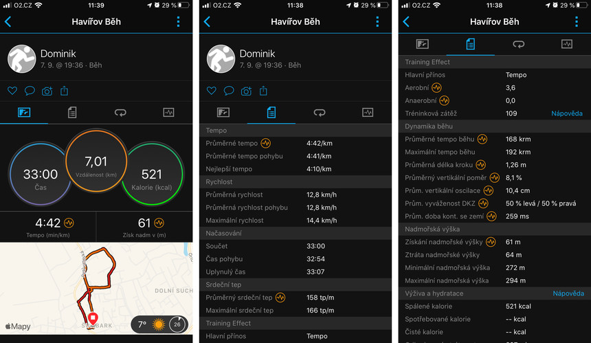 Souhrn sportovní aktivity v aplikaci Garmin Connect