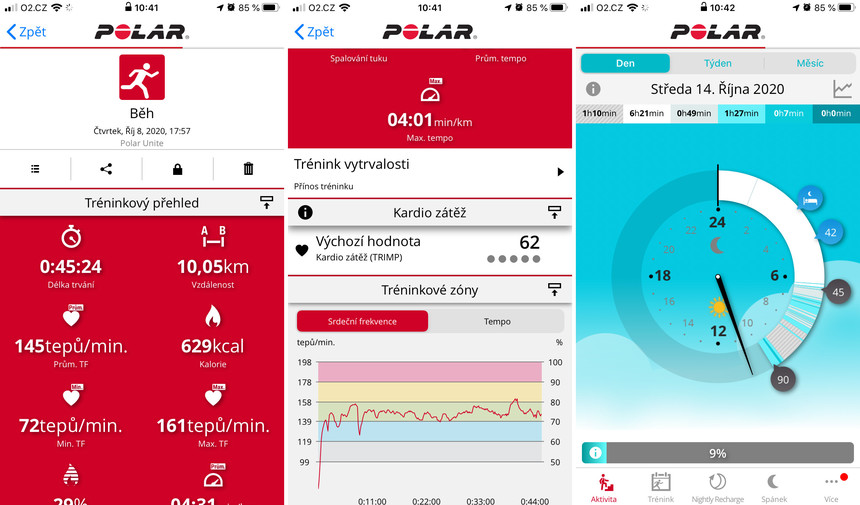 V aplikace najdete podrobnou statistiku vašeho výkonu. Hlavní obrazovka (vpravo) zobrazuje veškeré vaše aktivity, spánek a jiné v kruhovém zobrazení.