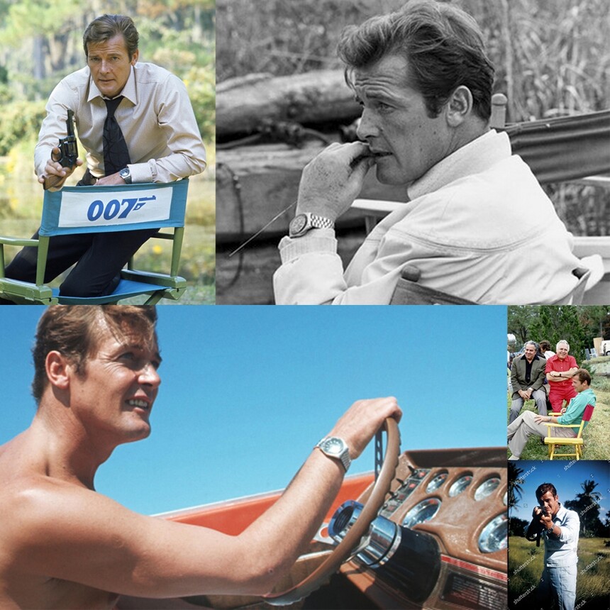 Roger Moore se s hodinkami objevoval jak na plátně, tak v zákulisí. Zdroj: www.jamesbondlifestyle.com