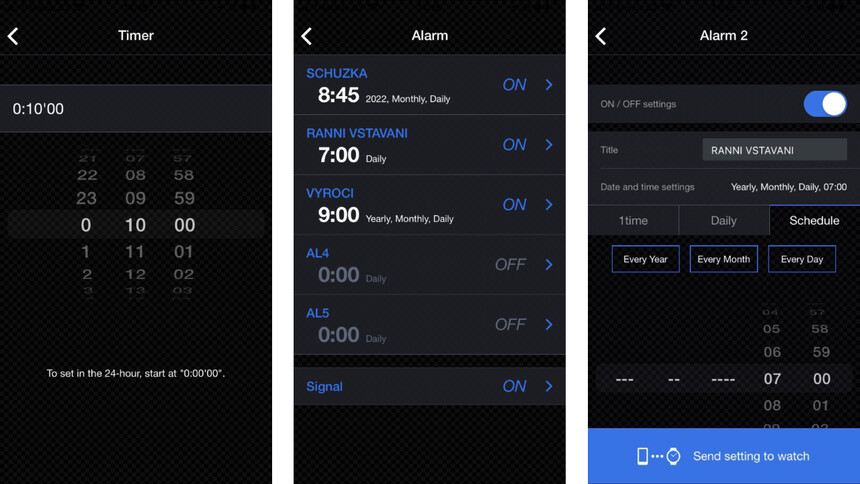 Nastavit můžete až 5 různých budíků. A k dispozici je i odpočet.