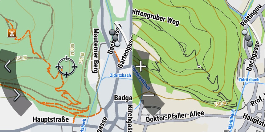 Pohled na hory a městečko, kde jsem letos byl na skialpech. Vlevo – Topo PRO, vpravo – TopoActive