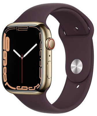Apple Watch Series 7 GPS + Cellular, 45mm Gold Stainless Steel Case with Dark Cherry Sport Band - Regular