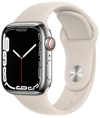 Apple Watch Series 7 GPS + Cellular, 41mm Silver Stainless Steel Case / Starlight Sport Band - Regular