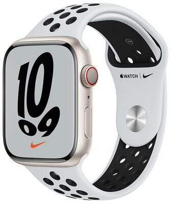 Apple Watch Nike Series 7 GPS + Cellular, 45mm Starlight Aluminium Case / Pure Platinum/Black Nike Sport Band - Regul