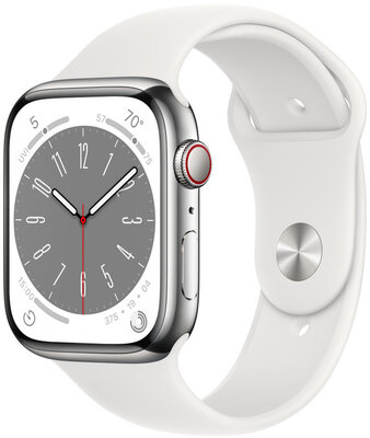Apple Watch Series 8 GPS + Cellular 45mm nerezové stříbrné pouzdro s bílým sportovním řemínkem