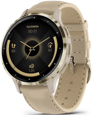 (SK) Garmin Venu 3S Cream Gold / French Gray Case, Sand Leather Band (+ náhradní řemínek)